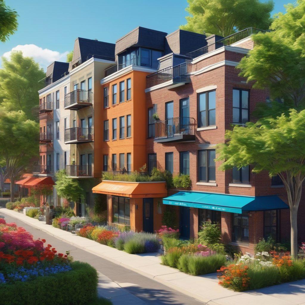 A detailed cityscape depicting diverse apartment buildings and rental properties, with people interacting and exploring leasing options, all under a bright blue sky. Include a large, inviting 'For Rent' sign in the foreground, surrounded by green trees and vibrant flowers, symbolizing a welcoming community. Make it lively and engaging, showcasing a mix of architectural styles to represent the variety in the rental market. super-realistic. vibrant colors. 3D.