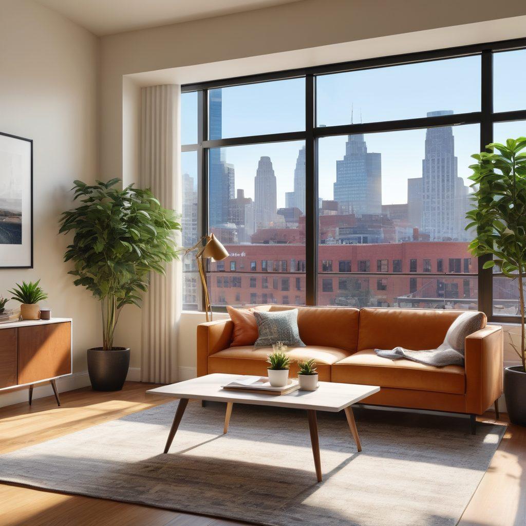 A cozy, modern apartment interior featuring a stylish living room with large windows, plants, and a comfortable sofa. Show a person reviewing leasing documents on a coffee table alongside a coffee mug, sun rays pouring in to create a warm atmosphere. Include elements like a cityscape view outside the window to highlight the 801 market vibe. super-realistic. vibrant colors. soft lighting.