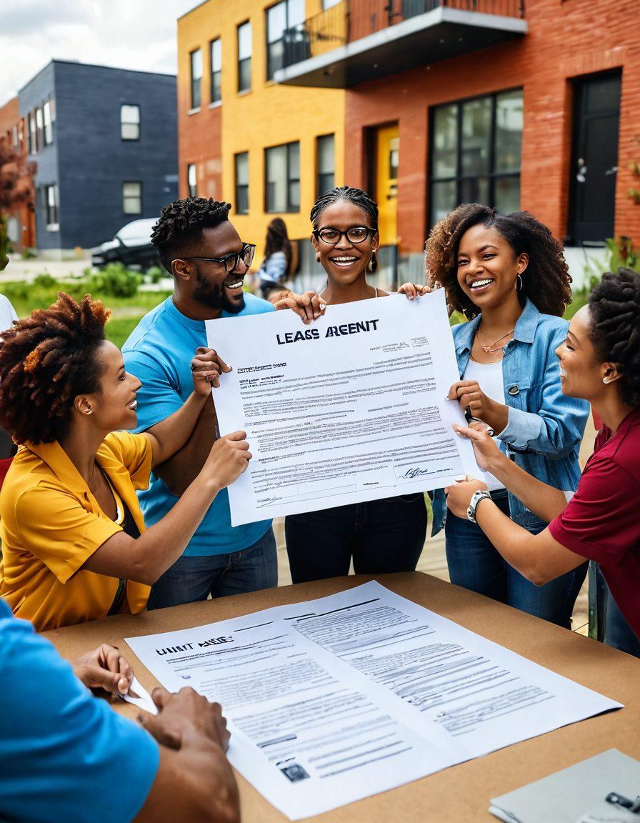 A diverse group of tenants gathered around a large lease agreement document, engaged in conversation and pointing at different sections. Include elements representing unity and empowerment, like raised fists and voices. In the background, depict an urban housing setting with various apartment buildings. Use vibrant colors to evoke a sense of activism and community support. super-realistic. vibrant colors. 3D.